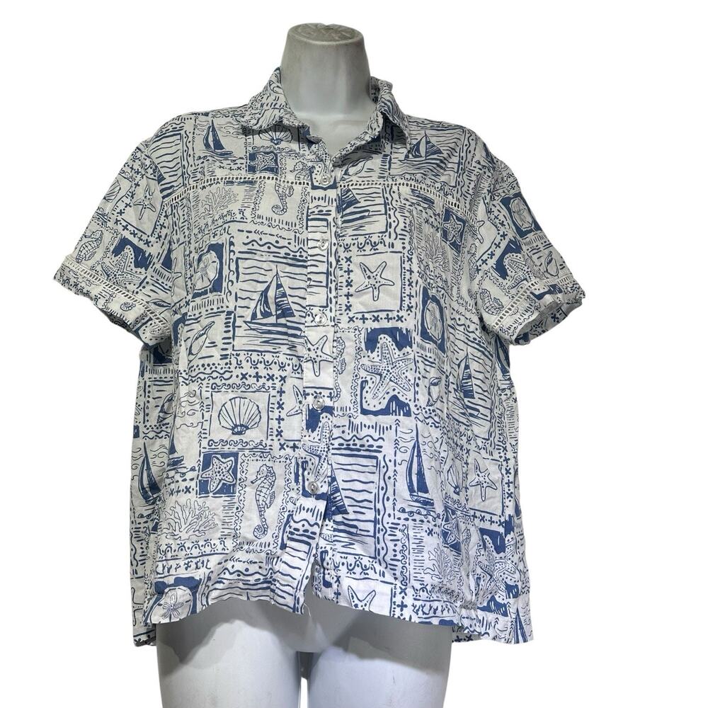 jane delancey nautical sea shells linen coastal button up blouse Size M